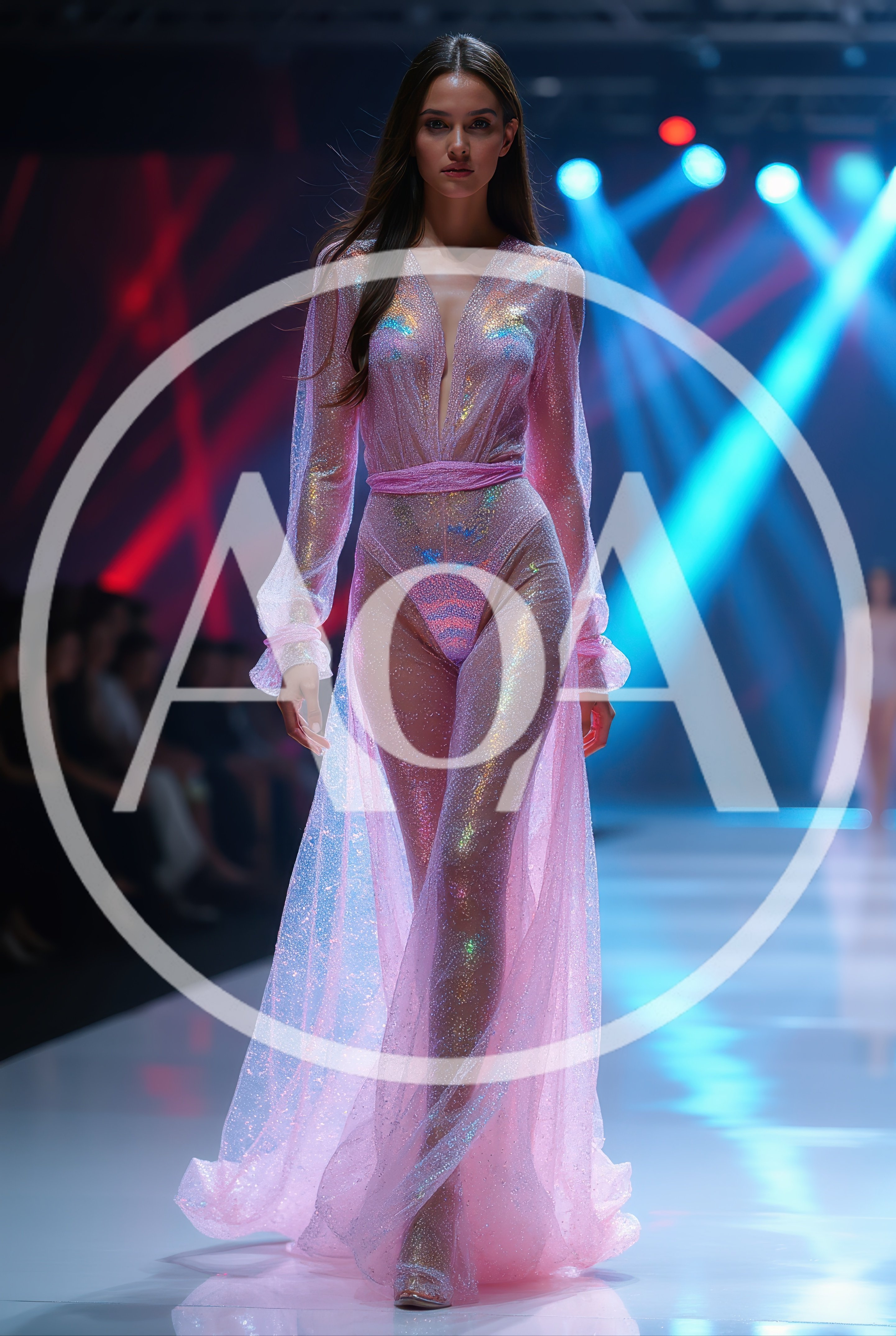 Fashion Model Walking On A Runway In A Sheer Gown