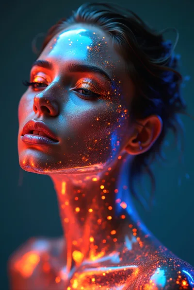 Portrait Of A Woman With Glowing Neon Skin