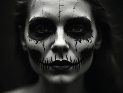 Close Up Portrait Of Woman With Creepy Skull Makeup