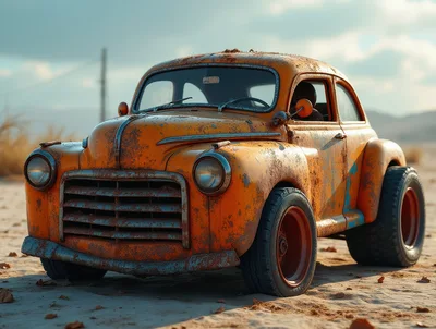 Rusty Vintage Orange Car Parked In Desert Landscape
