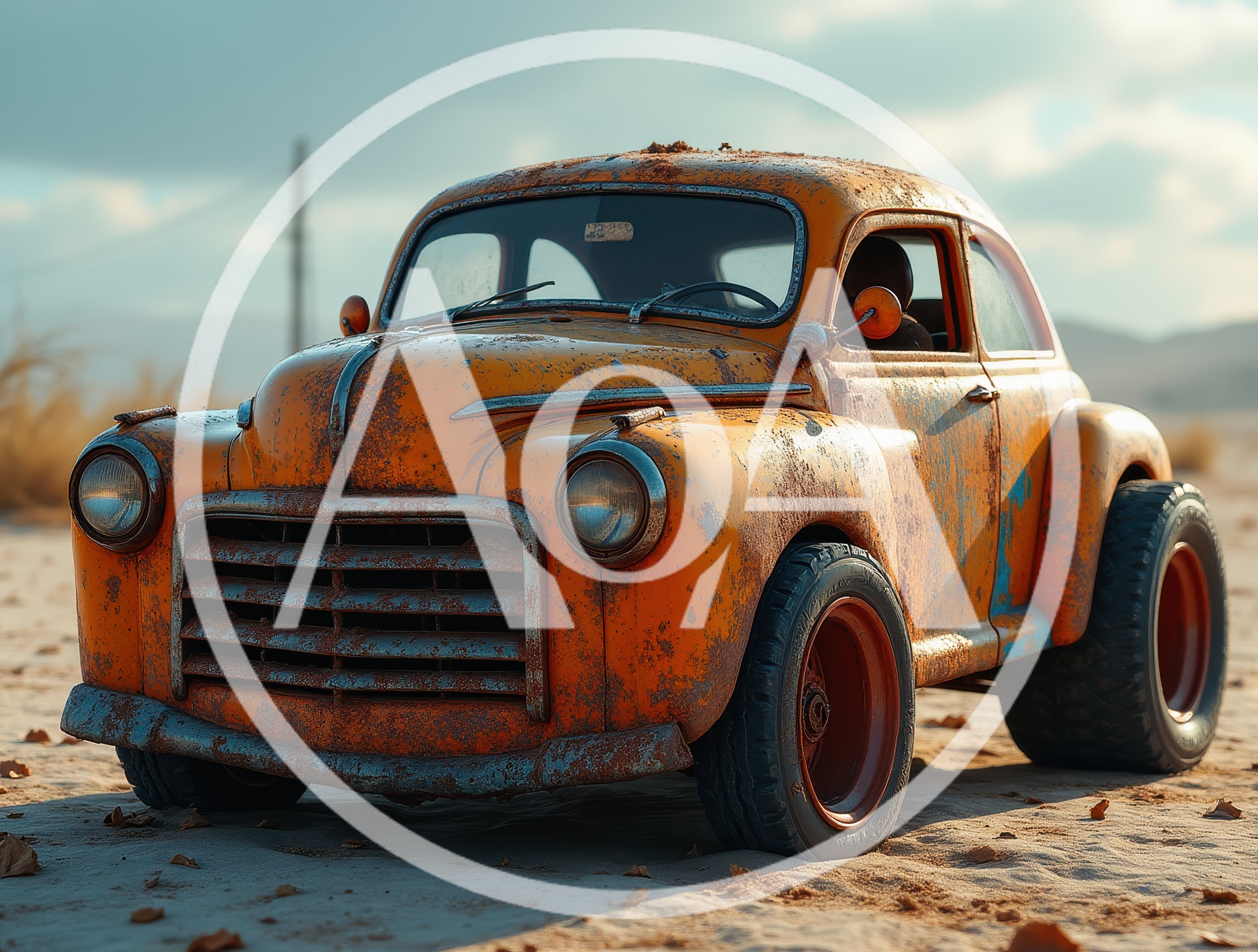 Rusty Vintage Orange Car Parked In Desert Landscape