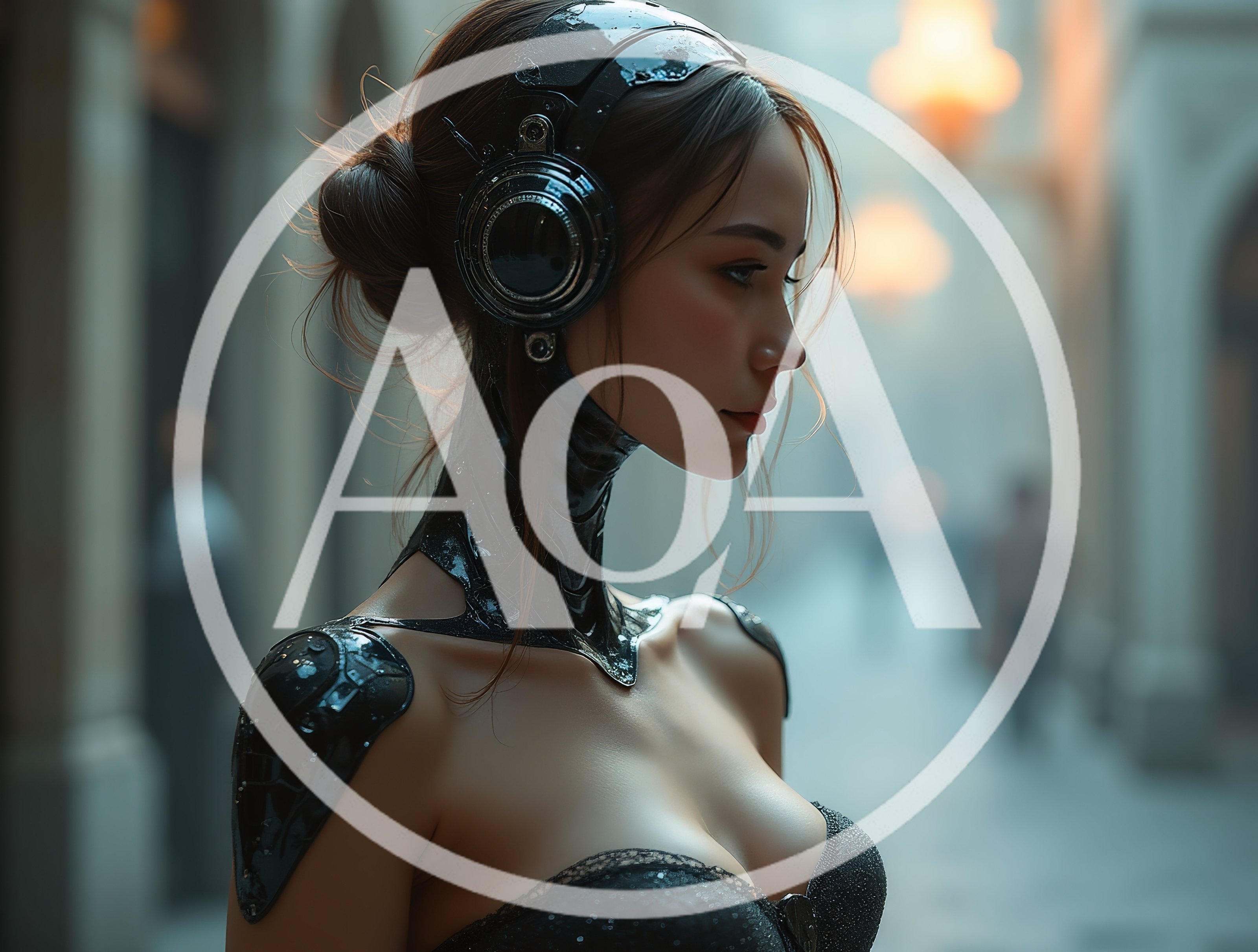Cybernetic Woman With Headphones In Urban Setting