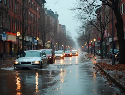 Cars Driving Through Flooded City Street