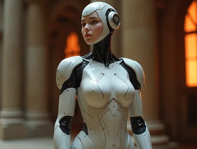 Futuristic Android Woman Standing In Classical Architecture
