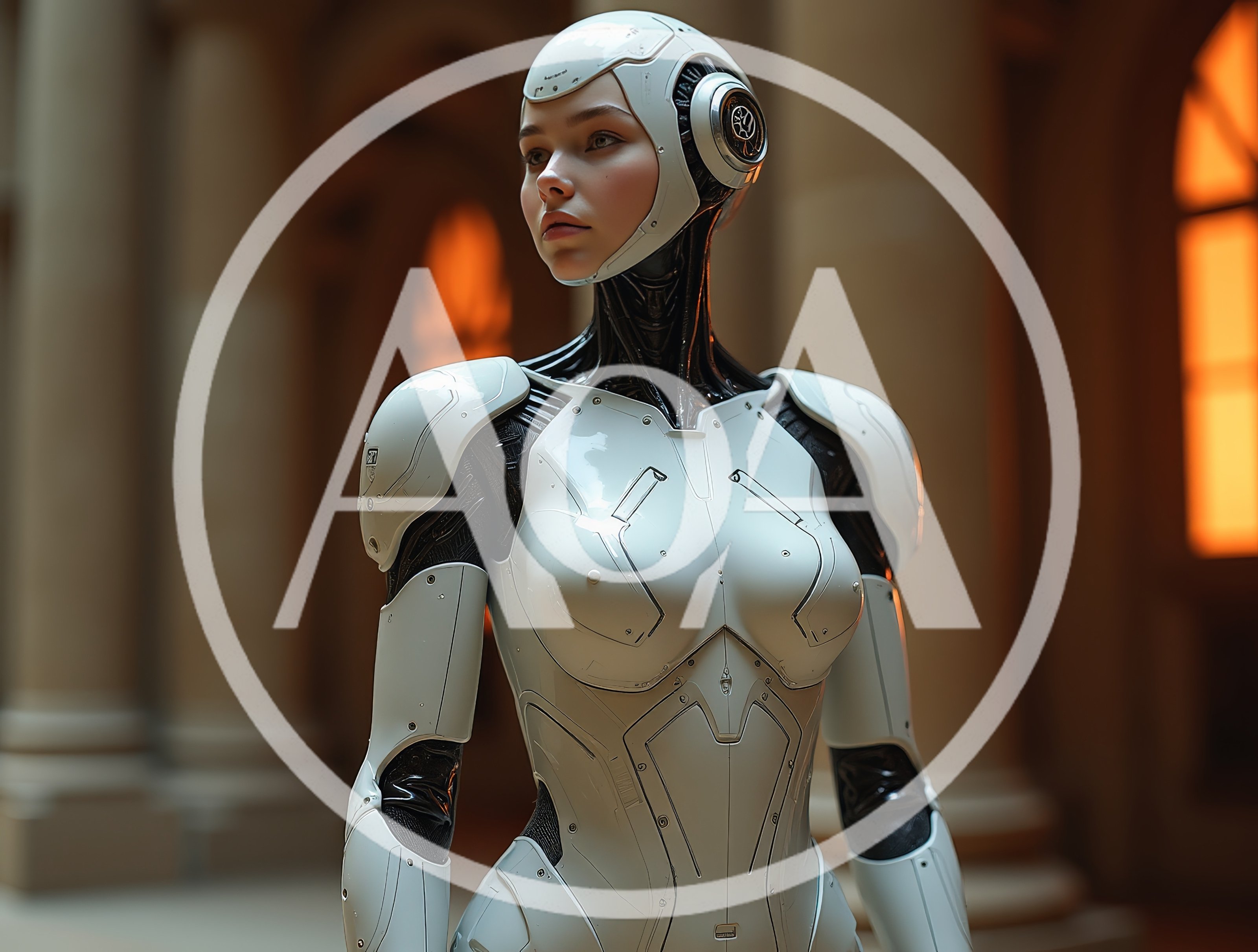 Futuristic Android Woman Standing In Classical Architecture