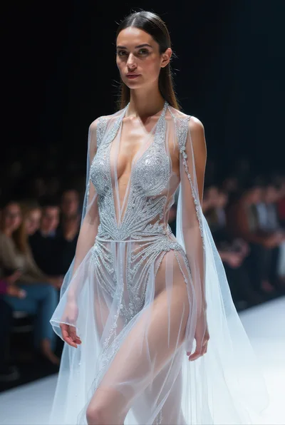 Model Walking The Runway In Sheer Embellished Gown