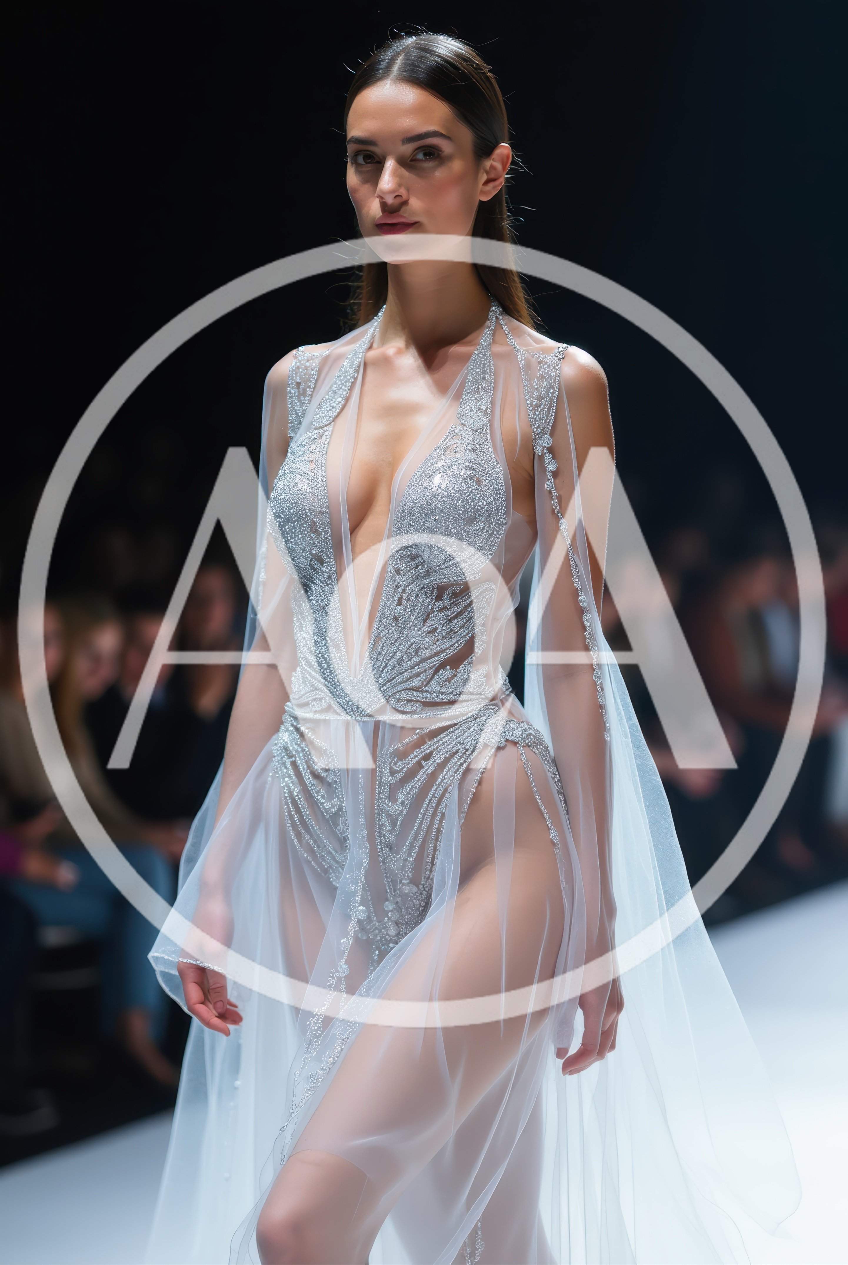 Model Walking The Runway In Sheer Embellished Gown
