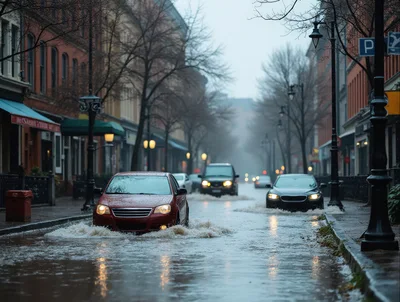 Cars Driving Through Flooded City Street During Rainstorm