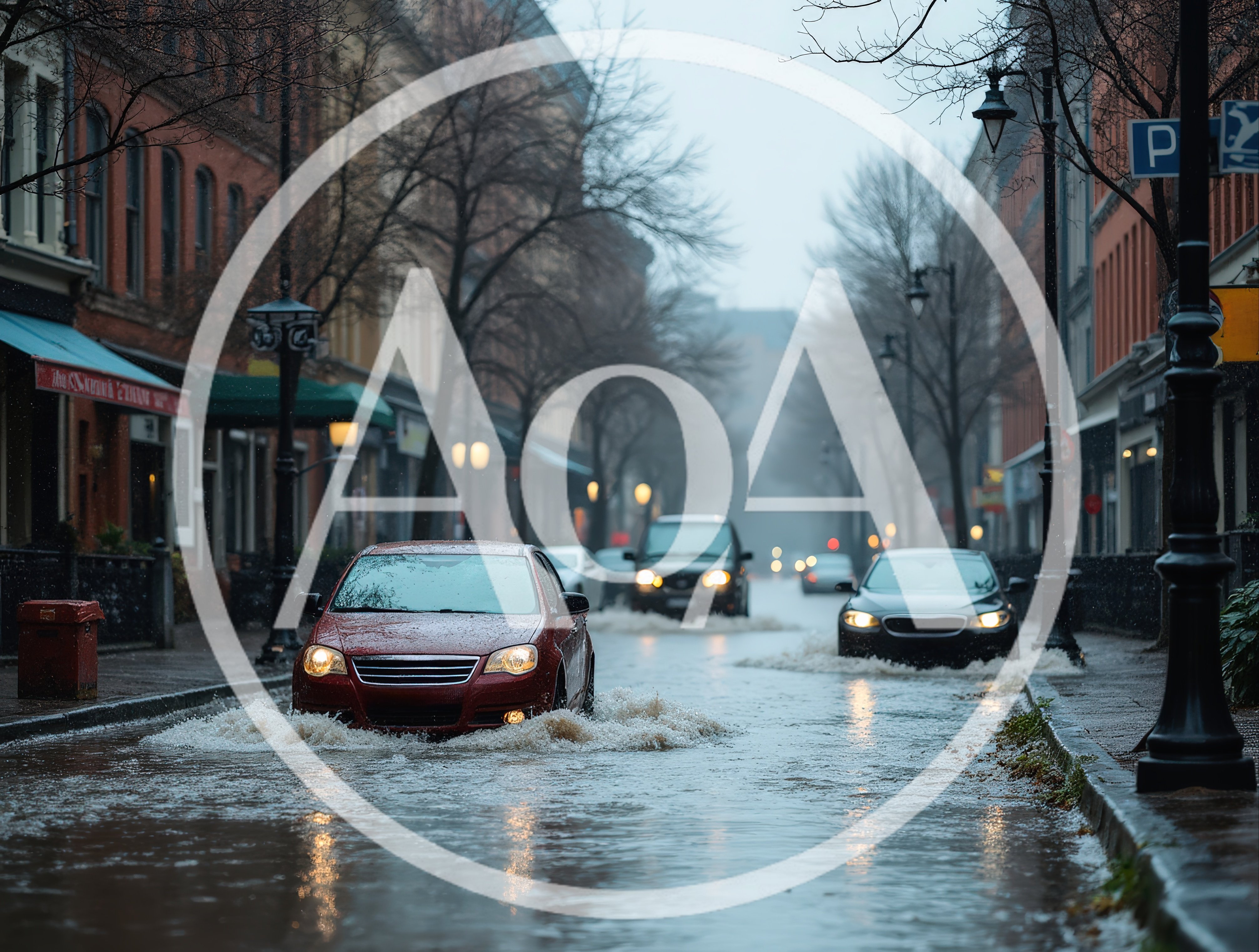 Cars Driving Through Flooded City Street During Rainstorm