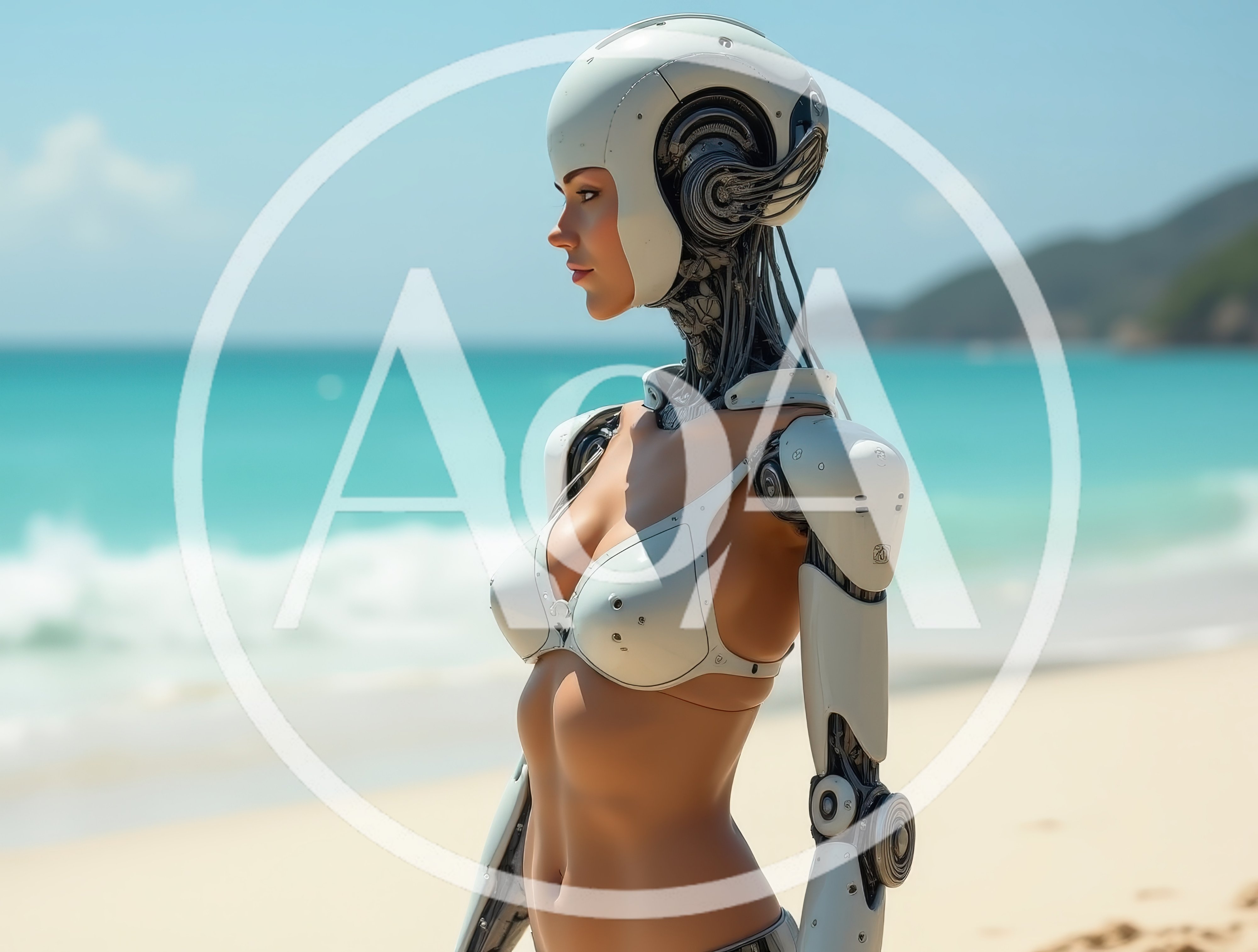 Futuristic Android Woman Standing On A Tropical Beach