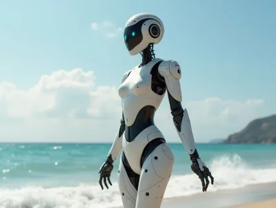 Futuristic Android Standing on a Sunny Beach