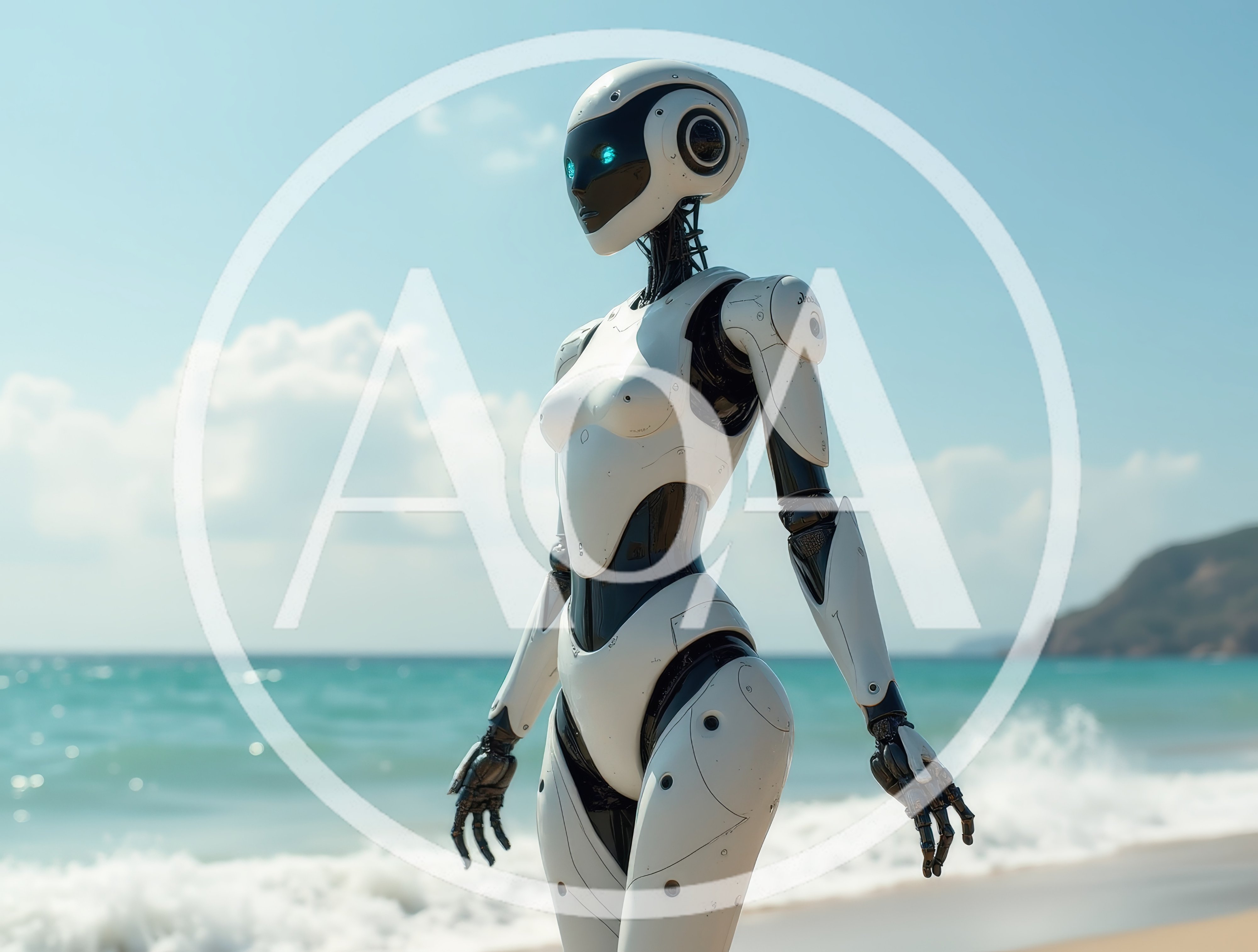 Futuristic Android Standing on a Sunny Beach