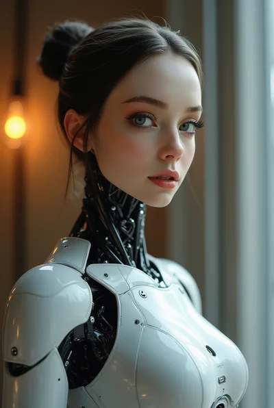 Portrait Of A Realistic Humanoid Female Android Robot