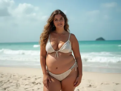 Curvy Woman Posing In Bikini On Tropical Beach