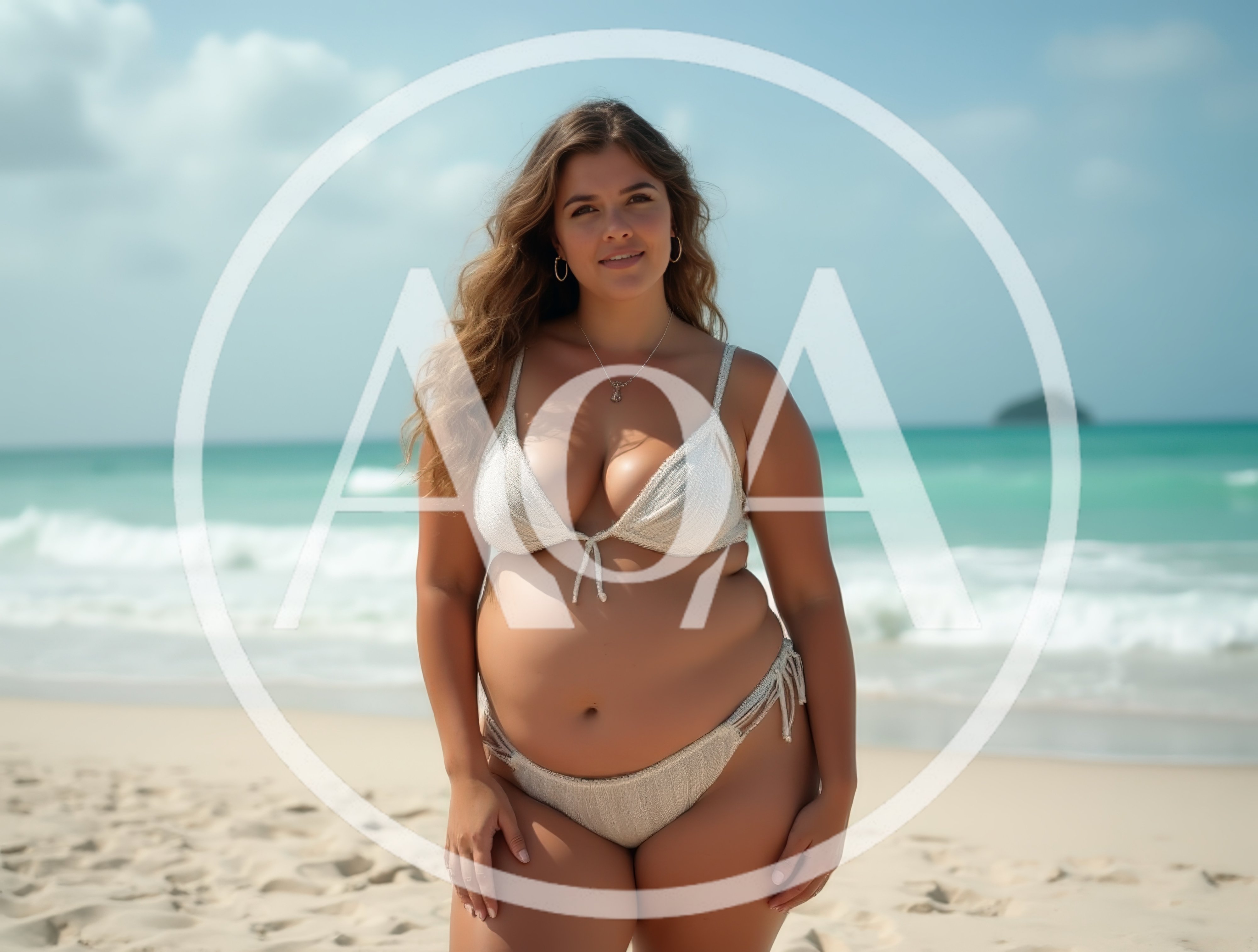 Curvy Woman Posing In Bikini On Tropical Beach
