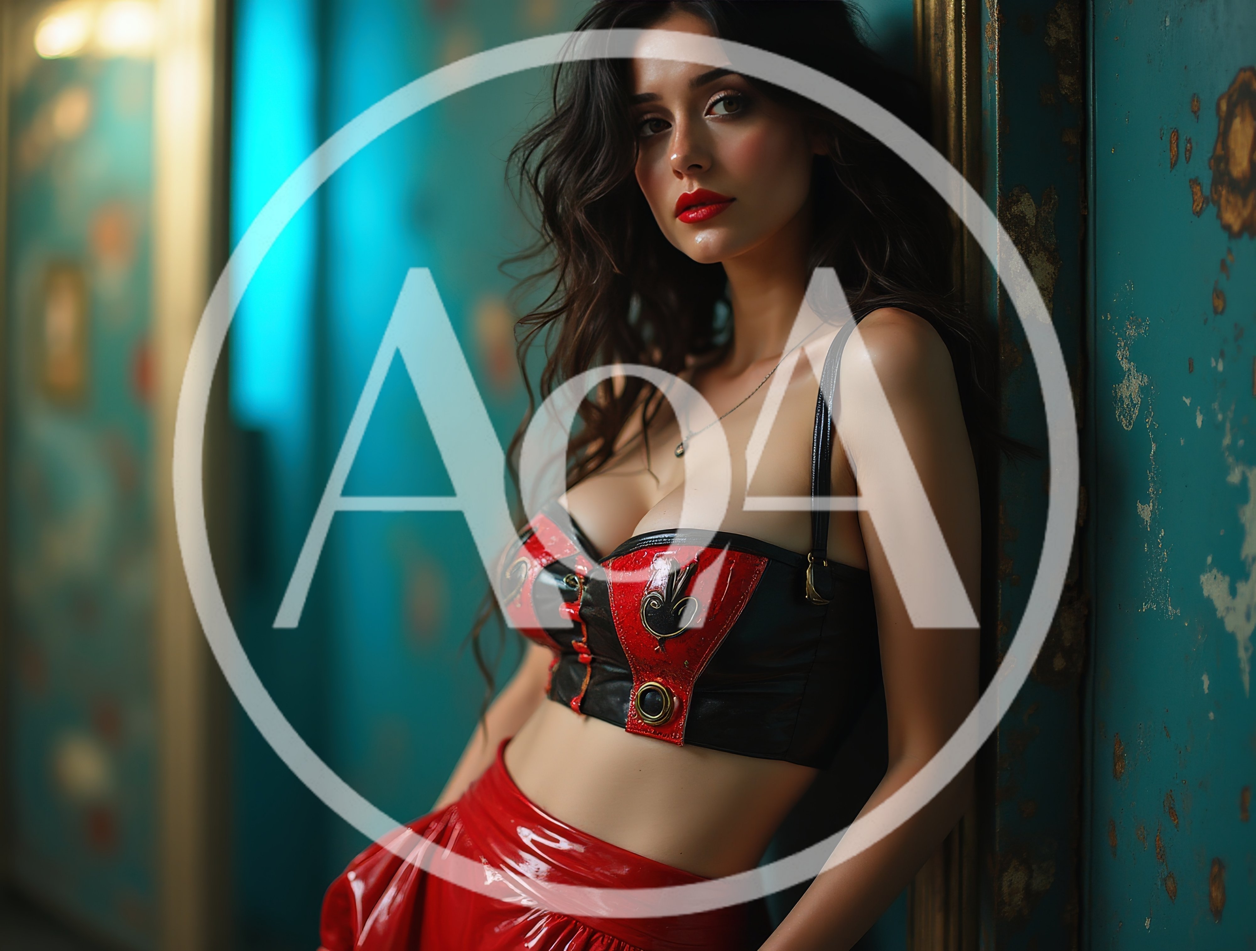 Stylish Woman Posing In Red And Black Leather Outfit