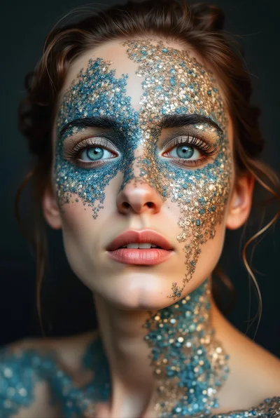 Portrait Of Woman With Blue And Gold Glitter Makeup
