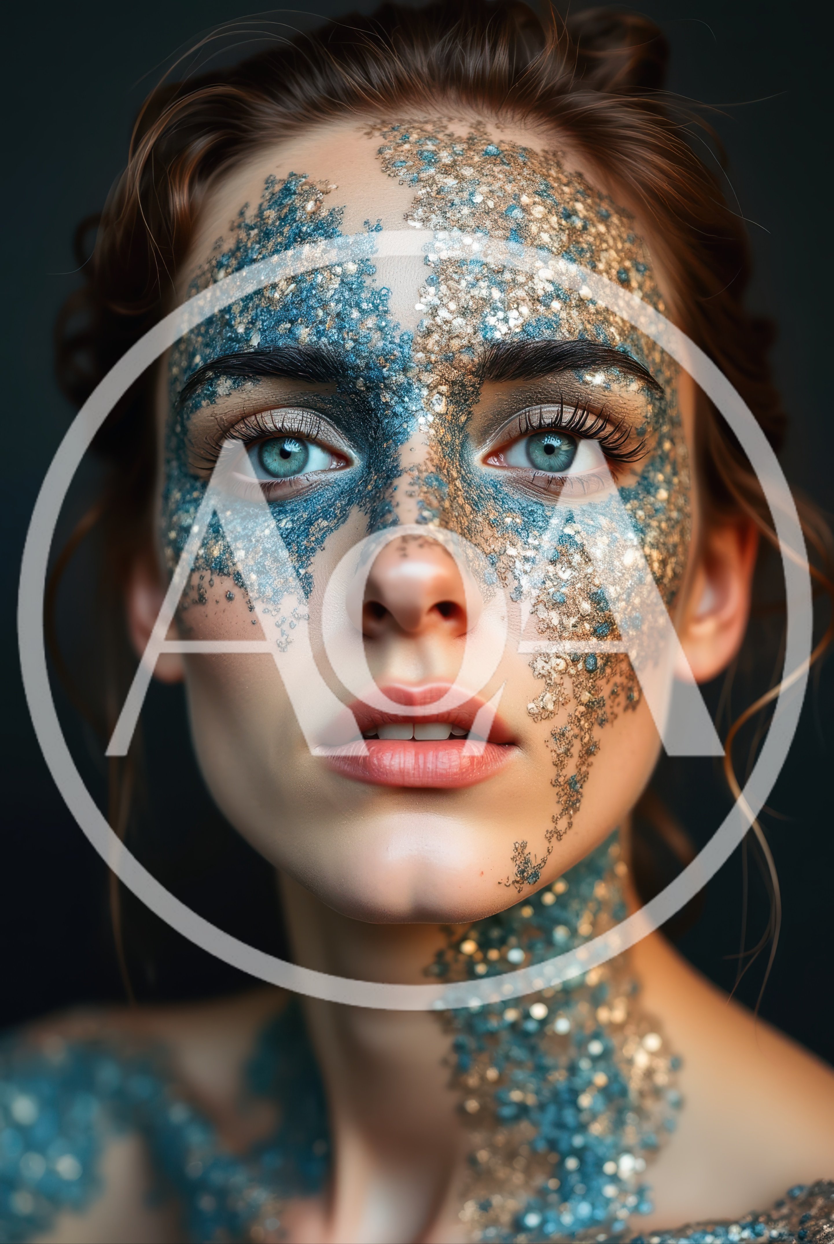 Portrait Of Woman With Blue And Gold Glitter Makeup