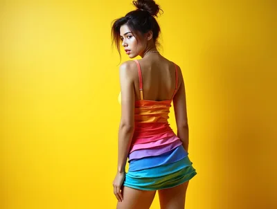 Young Woman Posing In Colorful Rainbow Dress