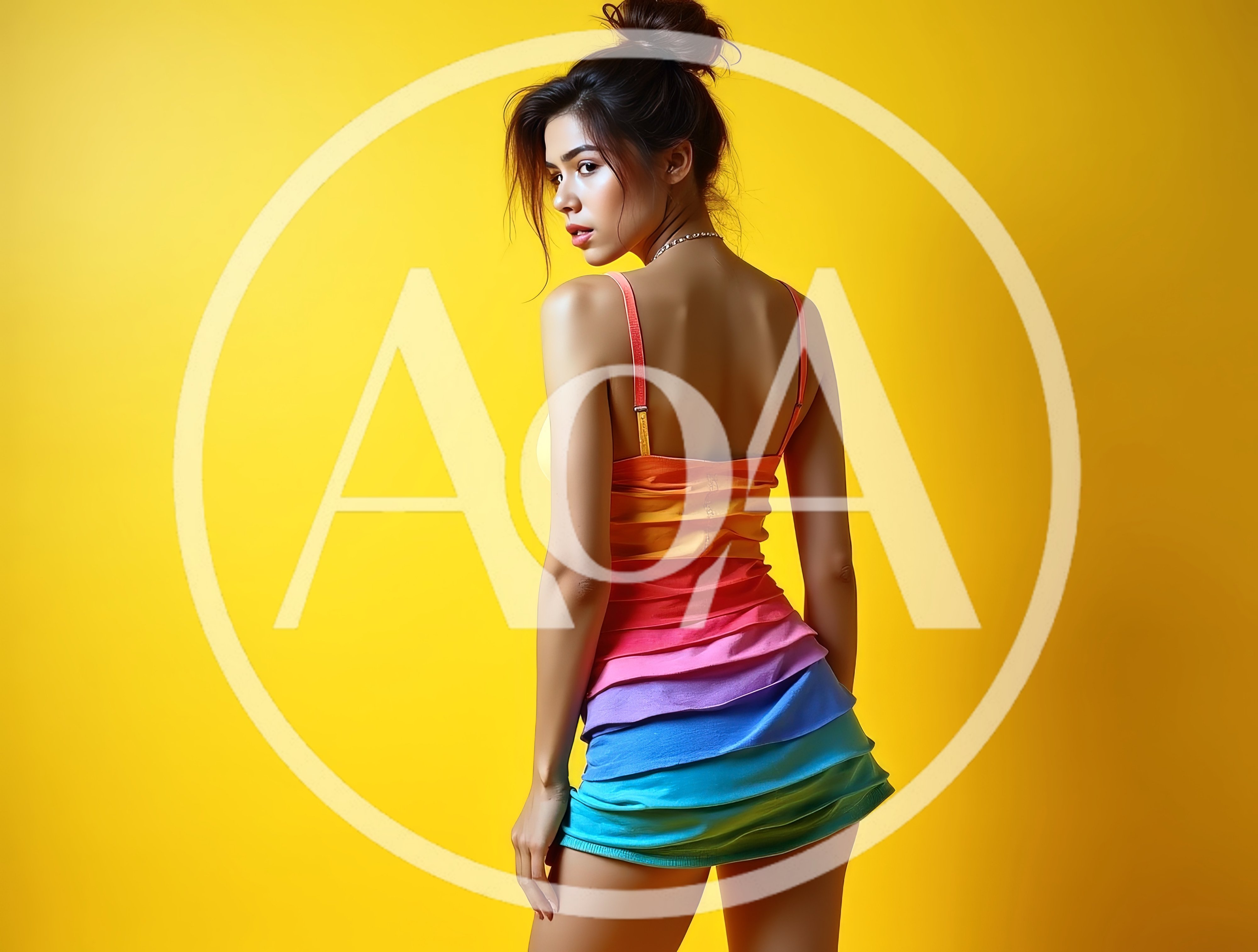 Young Woman Posing In Colorful Rainbow Dress