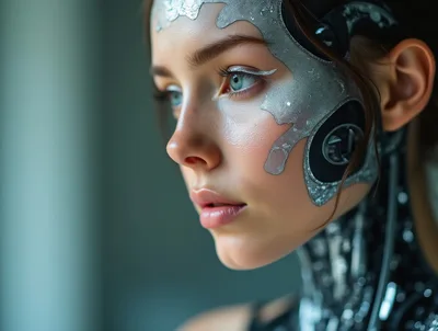 Portrait Of A Futuristic Cyborg Woman With Metallic Skin