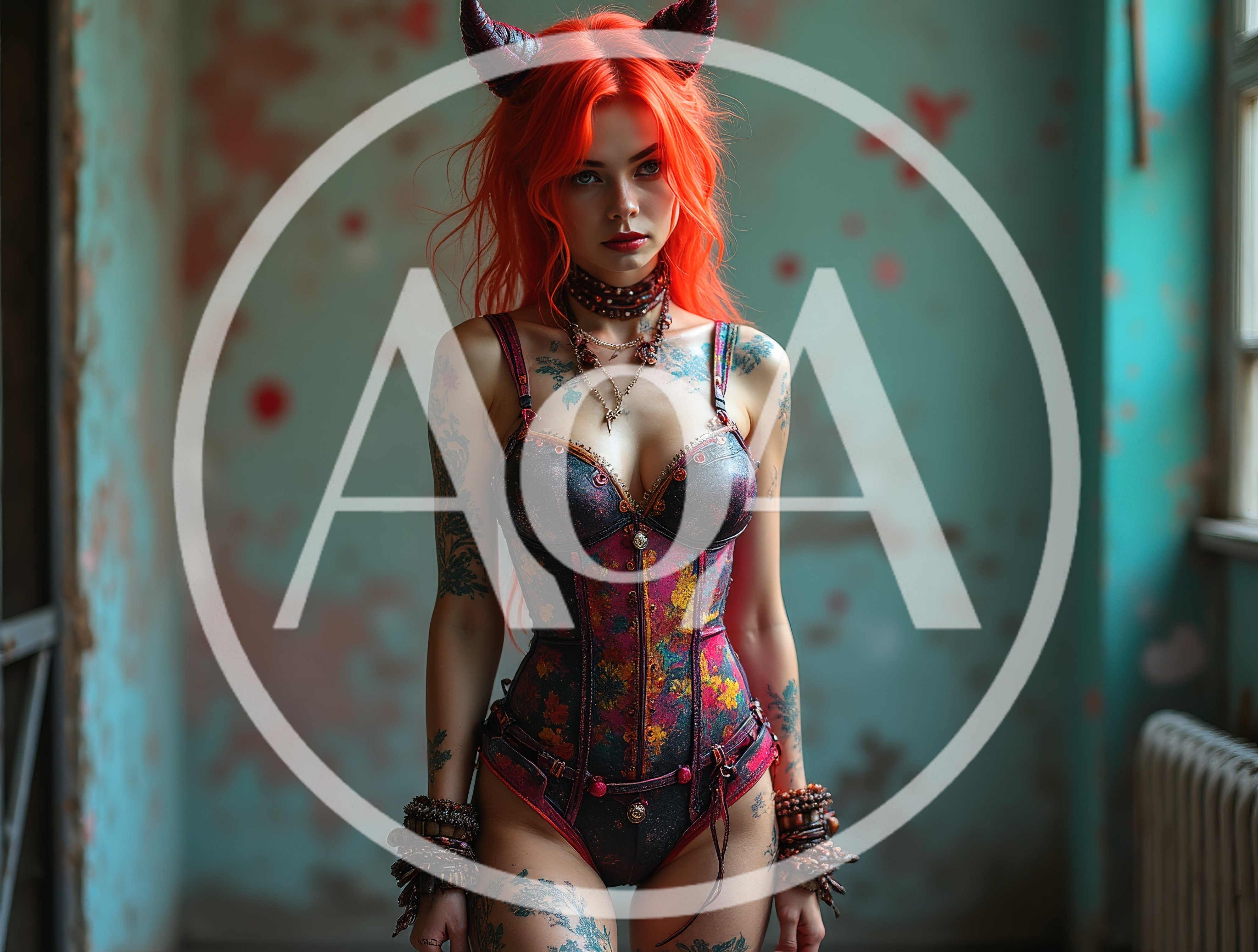 Young Woman With Red Hair And Horns In Corset