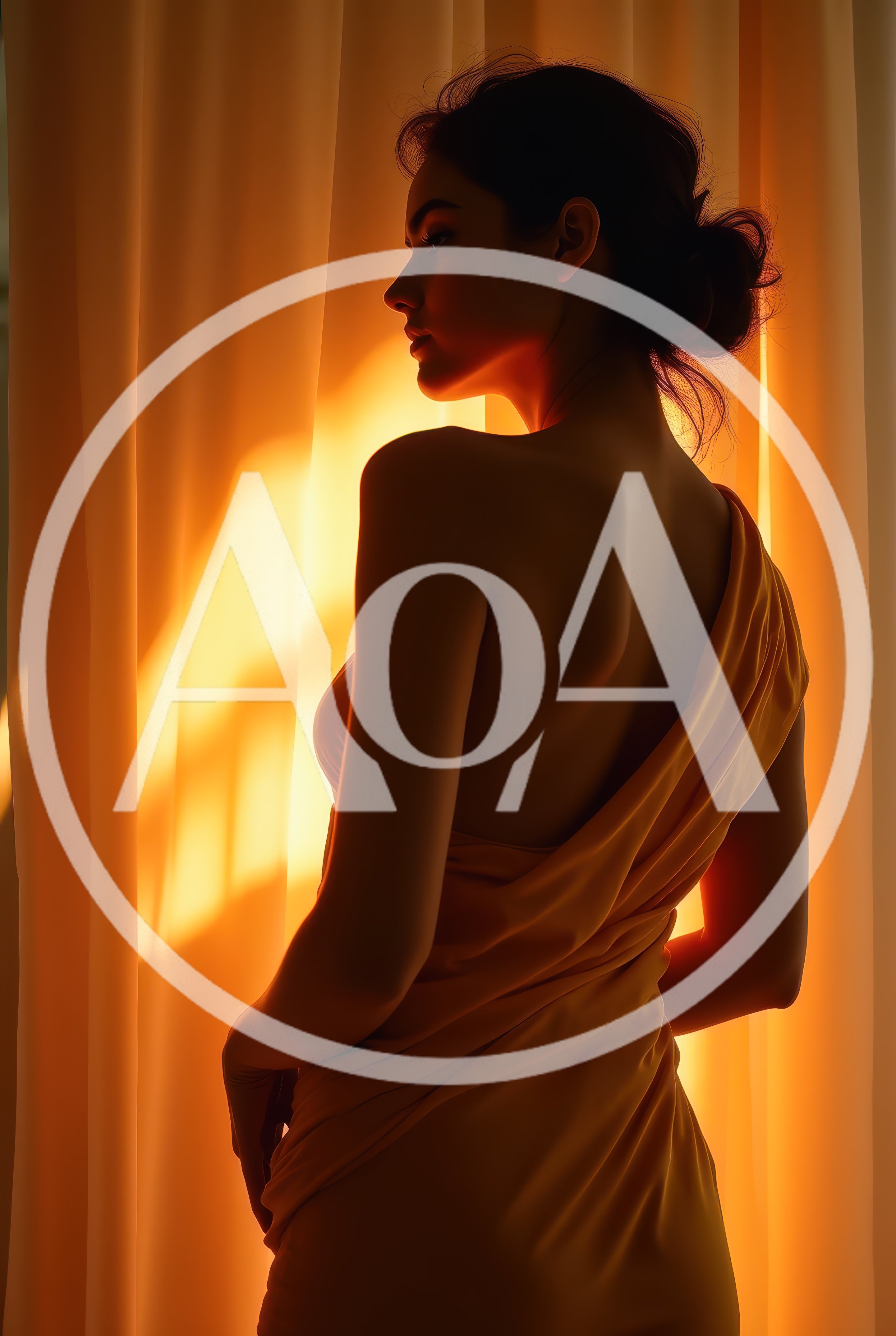 Elegant Woman Standing Against Backlit Curtains