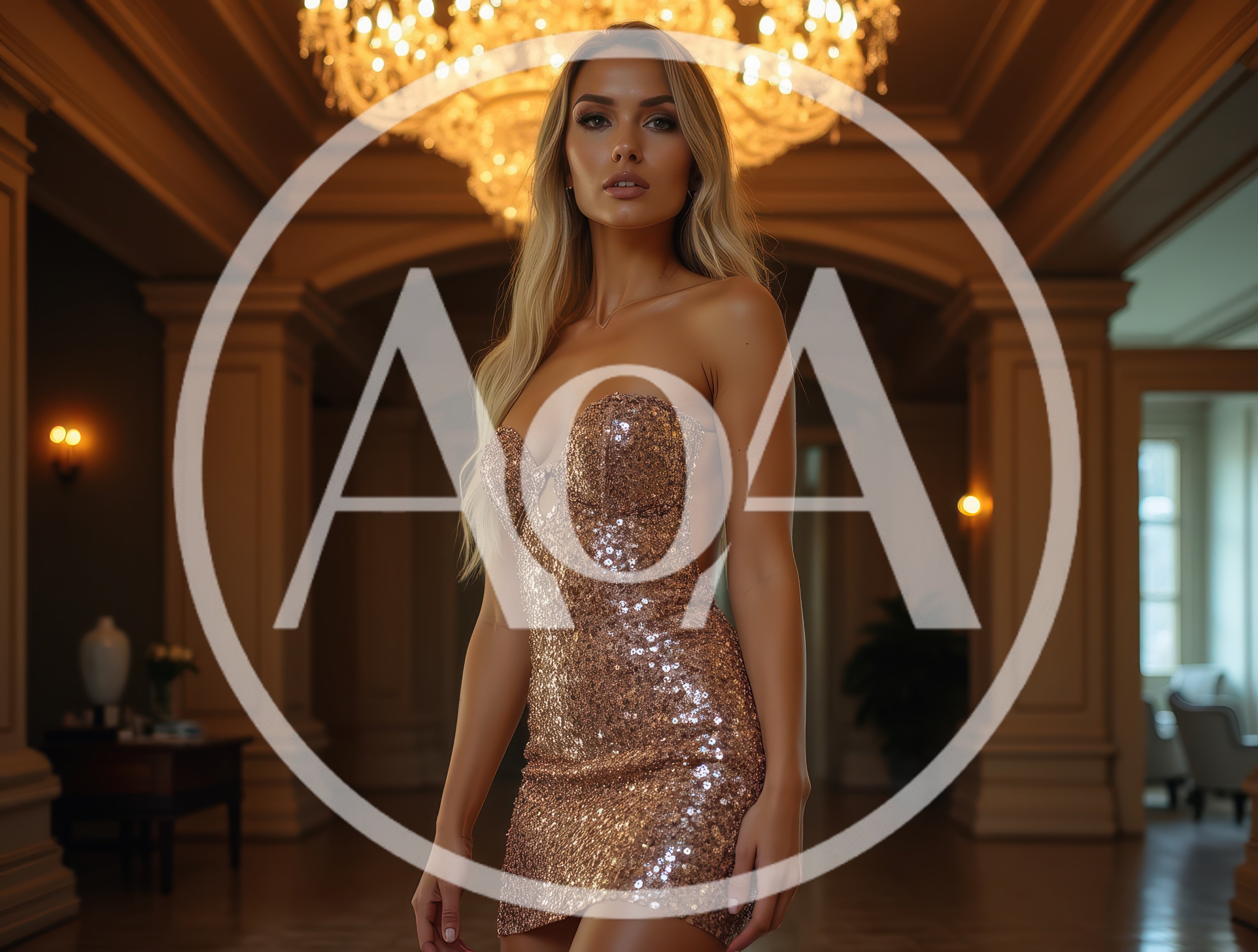 Elegant Blonde Woman In Sequin Dress Standing In Mansion