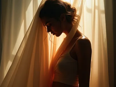 Woman Standing Behind Sheer Curtains In Soft Sunlight