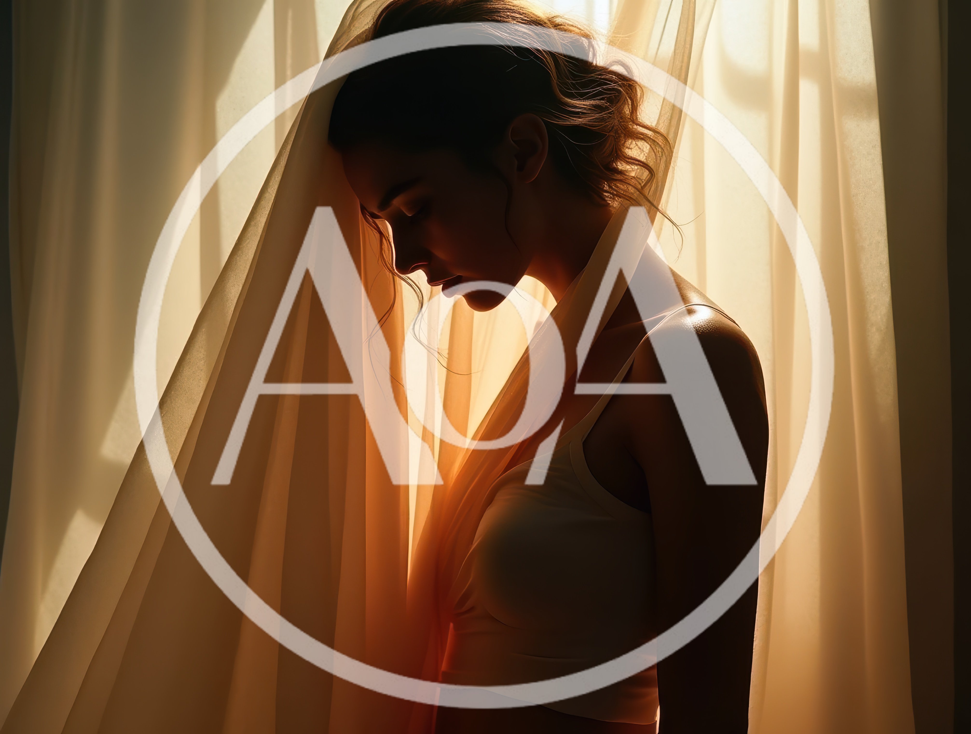Woman Standing Behind Sheer Curtains In Soft Sunlight