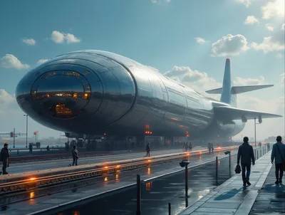 Futuristic Chrome Airship Docked At Modern Terminal