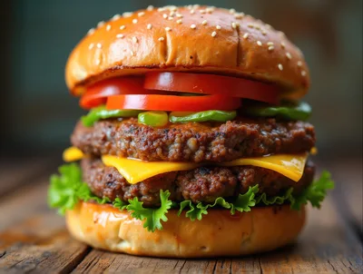 Double Cheeseburger With Fresh Toppings On Wooden Table