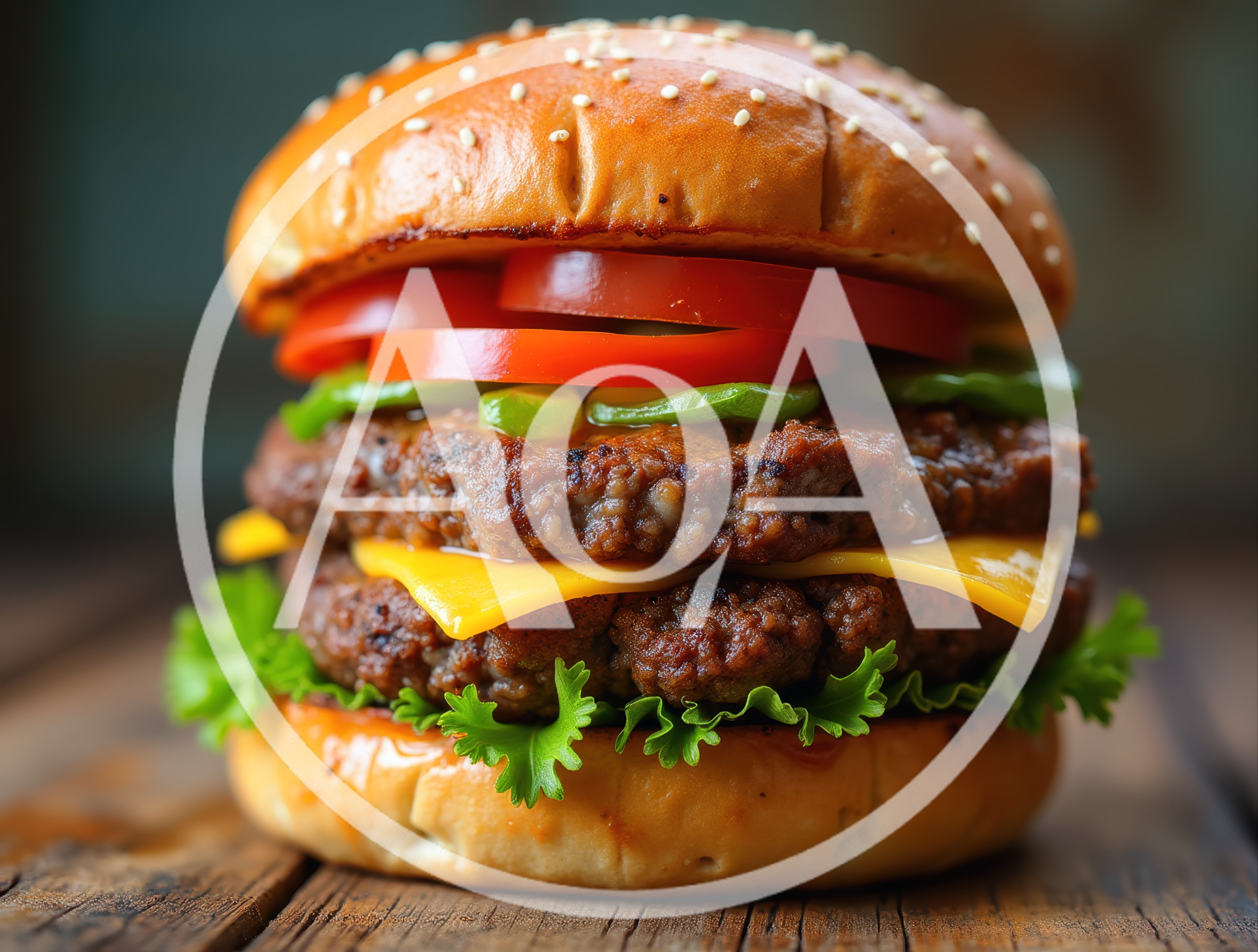 Double Cheeseburger With Fresh Toppings On Wooden Table