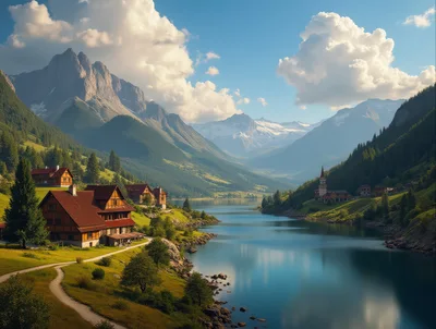 Scenic Alpine Village Beside A Serene Mountain Lake