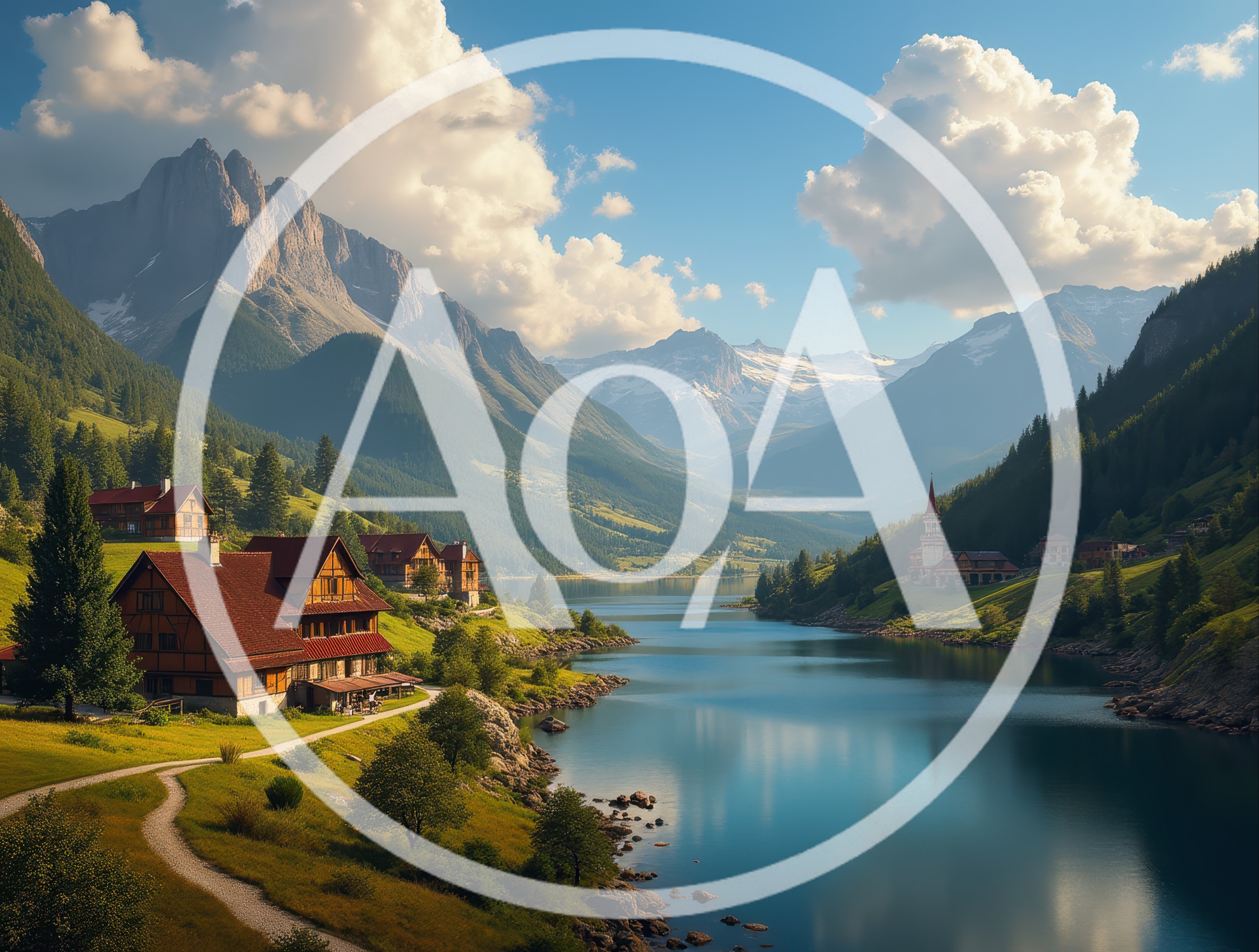 Scenic Alpine Village Beside A Serene Mountain Lake