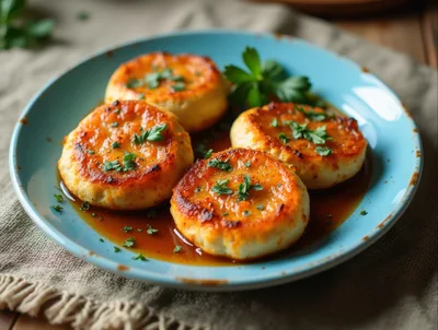 Four Golden Pan Fried Cheese Patties On Blue Plate