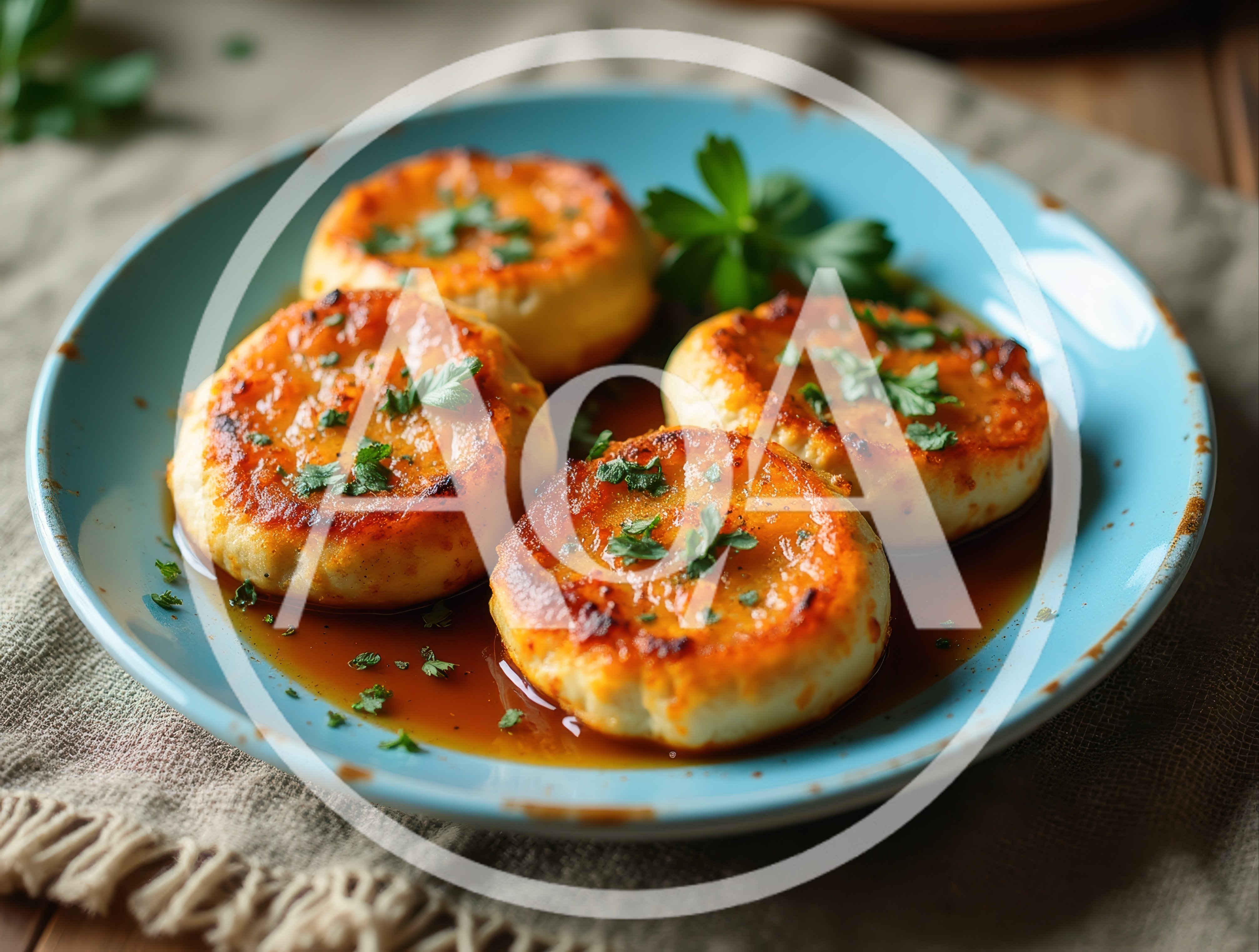 Four Golden Pan Fried Cheese Patties On Blue Plate