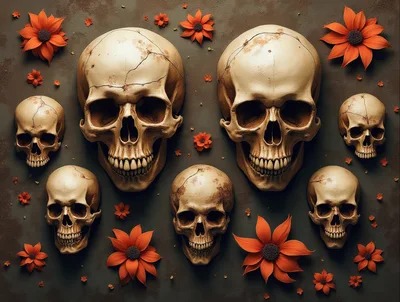 Human Skulls Arranged With Orange Flowers