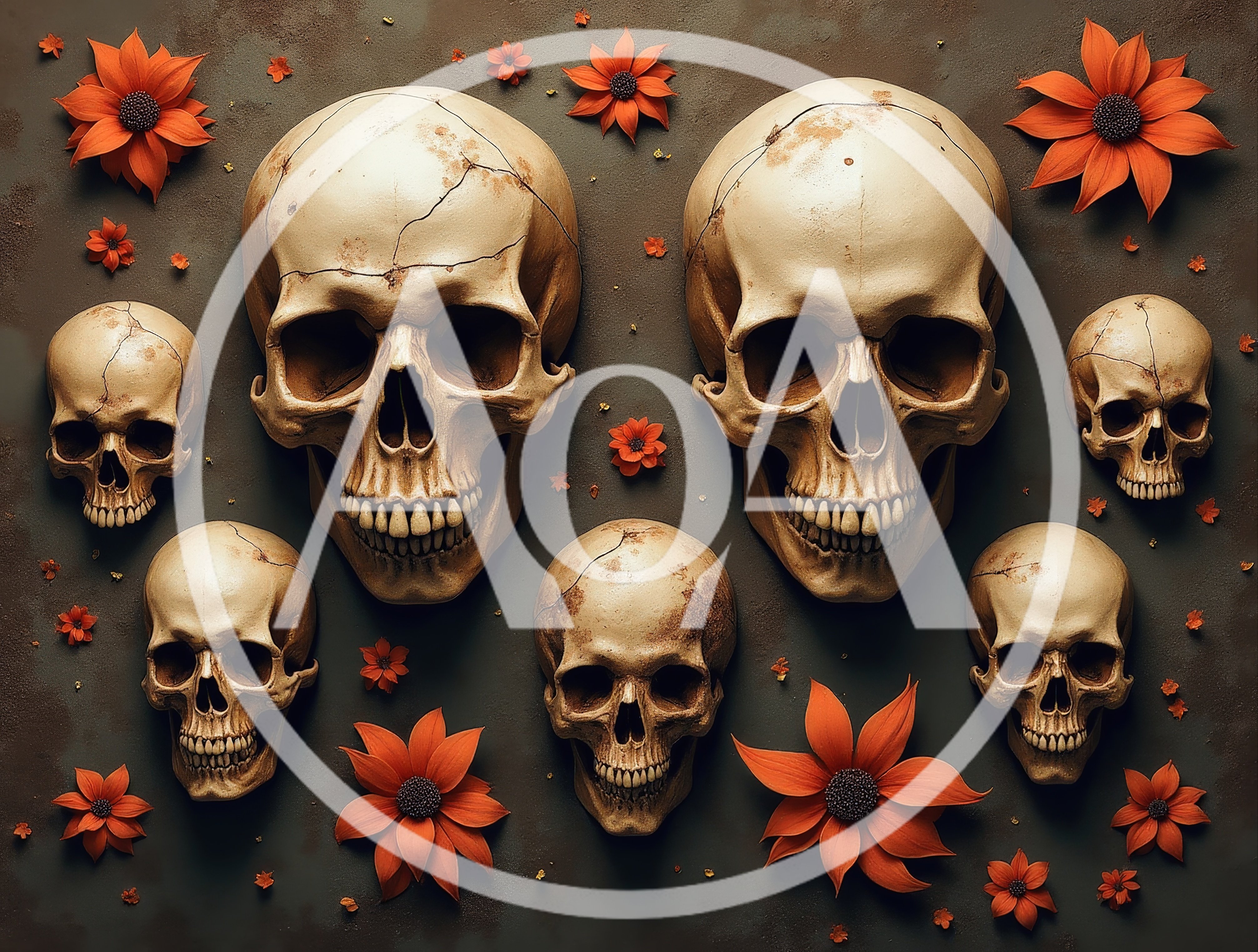 Human Skulls Arranged With Orange Flowers