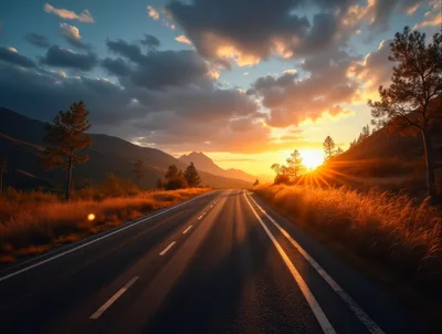 Empty Asphalt Road Through Mountain Landscape At Sunset