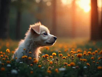 Cute Puppy Sitting In A Field Of Dandelions
