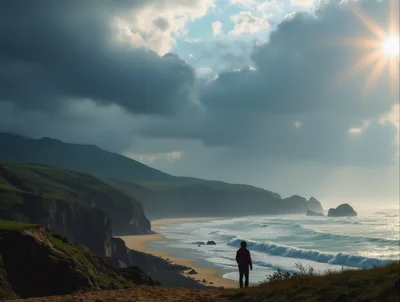 Lone Hiker Standing On Coastal Cliff Overlooking Ocean