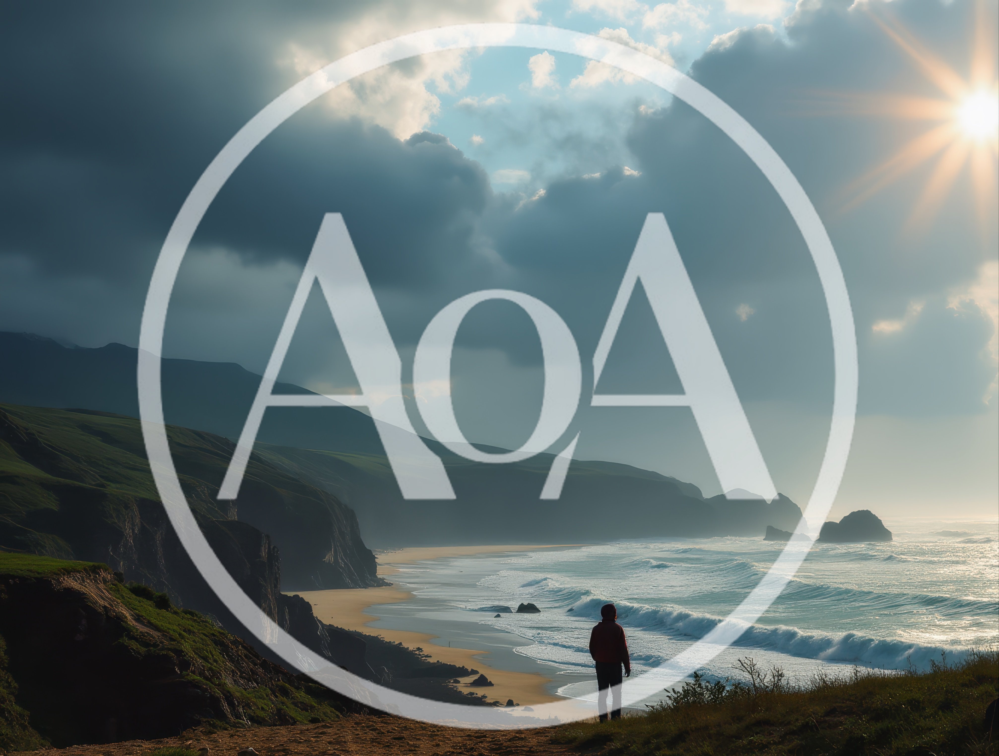 Lone Hiker Standing On Coastal Cliff Overlooking Ocean