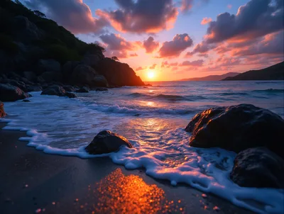 Golden Sunset Over Rocky Tropical Beach Shoreline