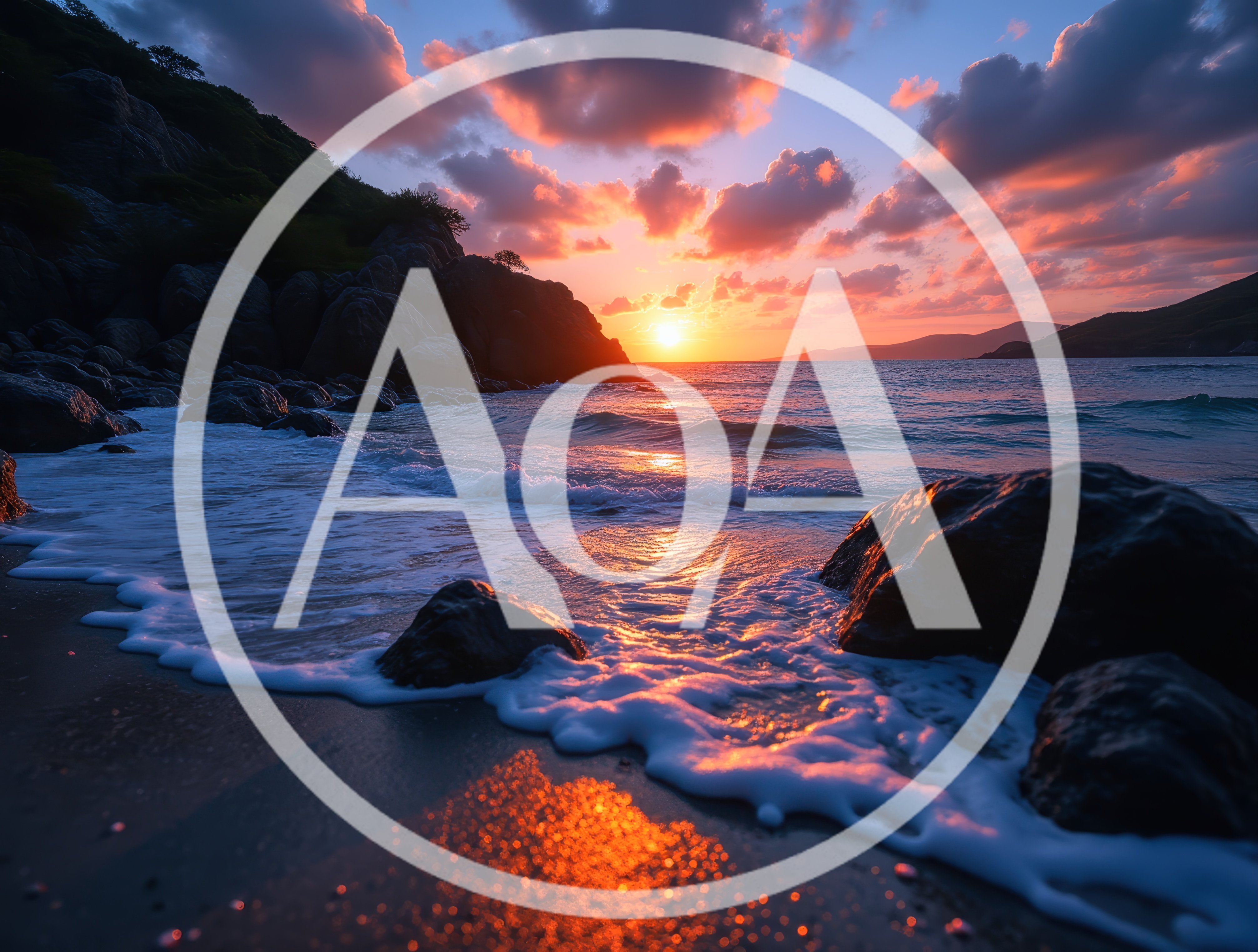 Golden Sunset Over Rocky Tropical Beach Shoreline