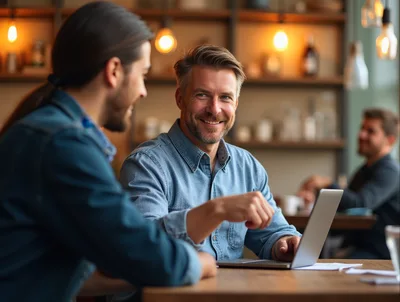 Two Men Collaborating On A Laptop In A Cafe