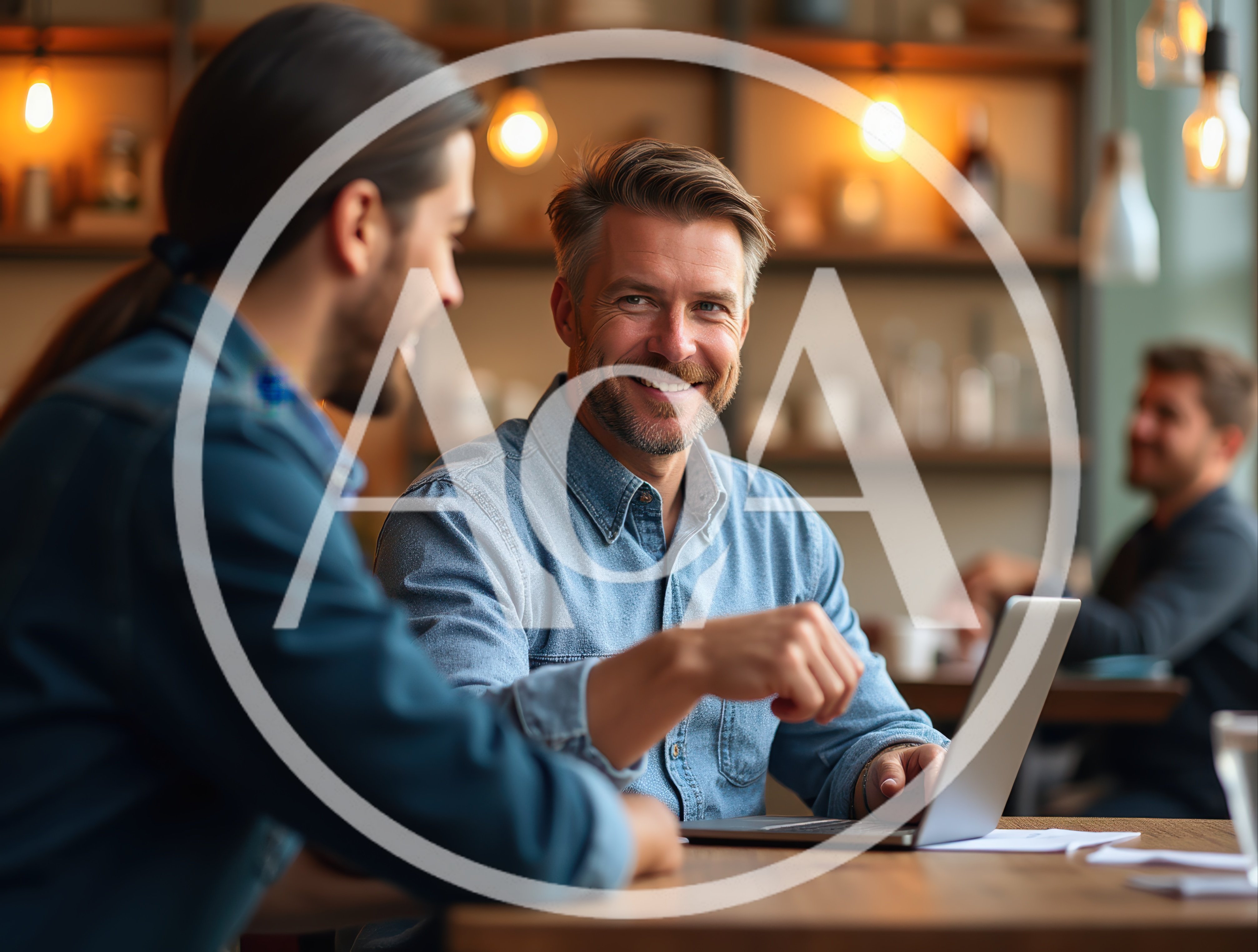 Two Men Collaborating On A Laptop In A Cafe