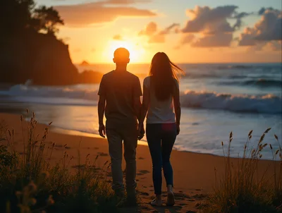Couple Holding Hands Walking Along Beach At Sunset