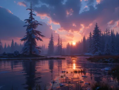 Winter Sunset Over A Frozen Forest Lake