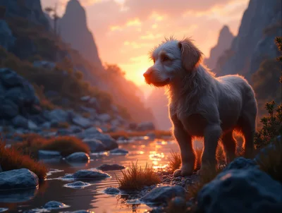 Fluffy Dog Standing By A Mountain Stream At Sunset